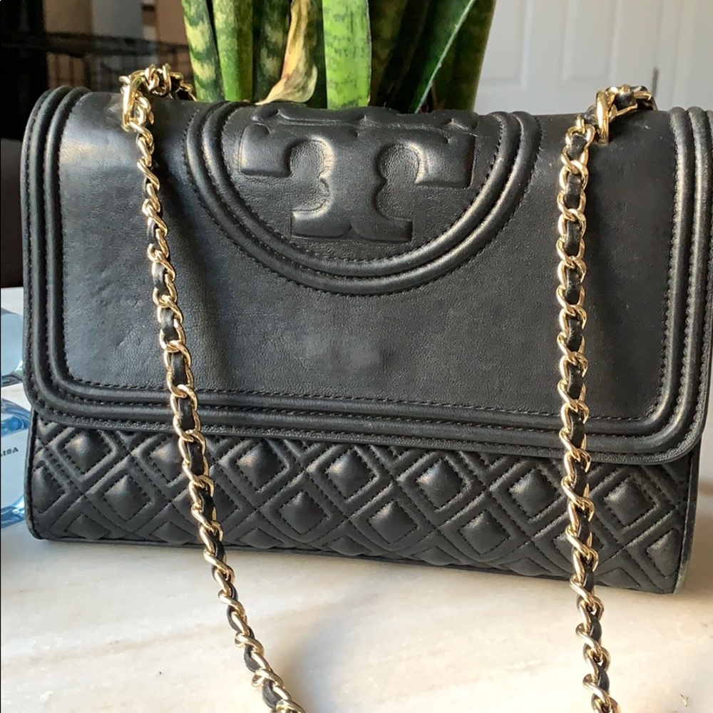 Tory Burch Black & Gold Fleming Purse